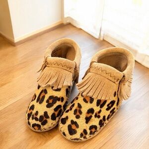 Leopard Print Baby Moccasins with Fringe